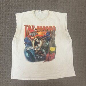 VTG Looney Tunes Taz Mania Sleeveless Top Cotton Graphic Print Crewneck Trashed